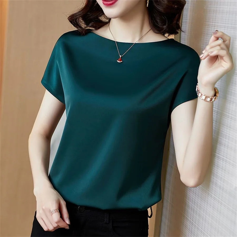 Senhora do escritório topos verão manga curta o-pescoço blusas blusa de cetim camisas femininas simples sólido casual camisa solta blusas df4904