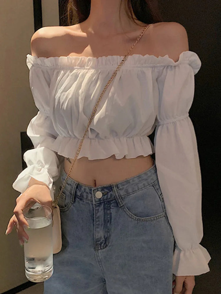 Top feminino sexy blusa fora do ombro manga longa cor sólida camisa branca manga bufante plissado túnica colheita topo verão tubo