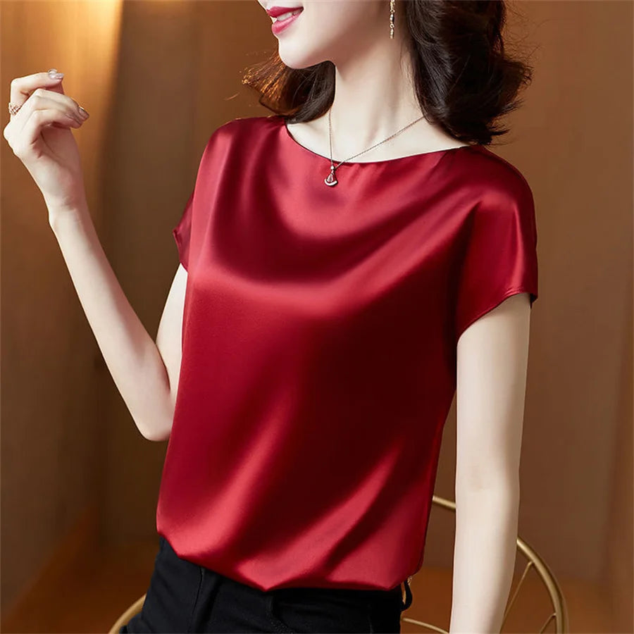Senhora do escritório topos verão manga curta o-pescoço blusas blusa de cetim camisas femininas simples sólido casual camisa solta blusas df4904