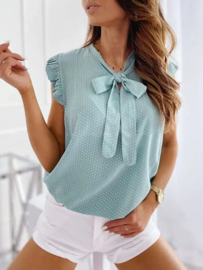 Mulheres verão elegante babados sem mangas polka pot rendas até gravata arco blusas e camisas casuais oversize topos sexy pulôver túnica