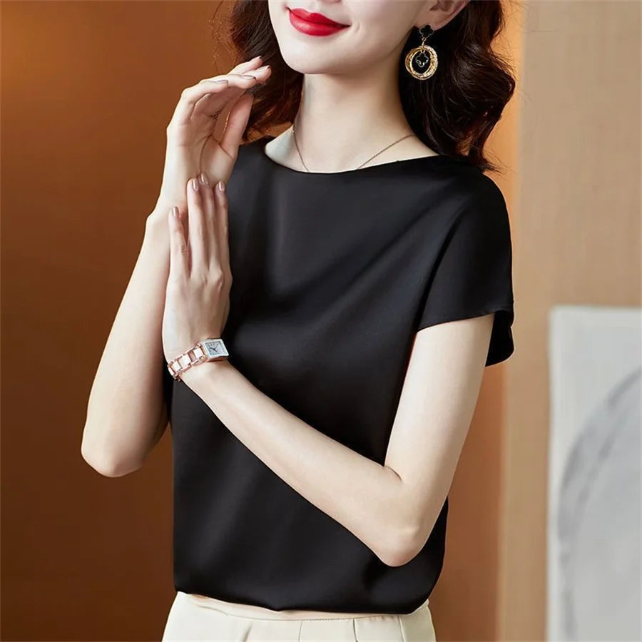Senhora do escritório topos verão manga curta o-pescoço blusas blusa de cetim camisas femininas simples sólido casual camisa solta blusas df4904
