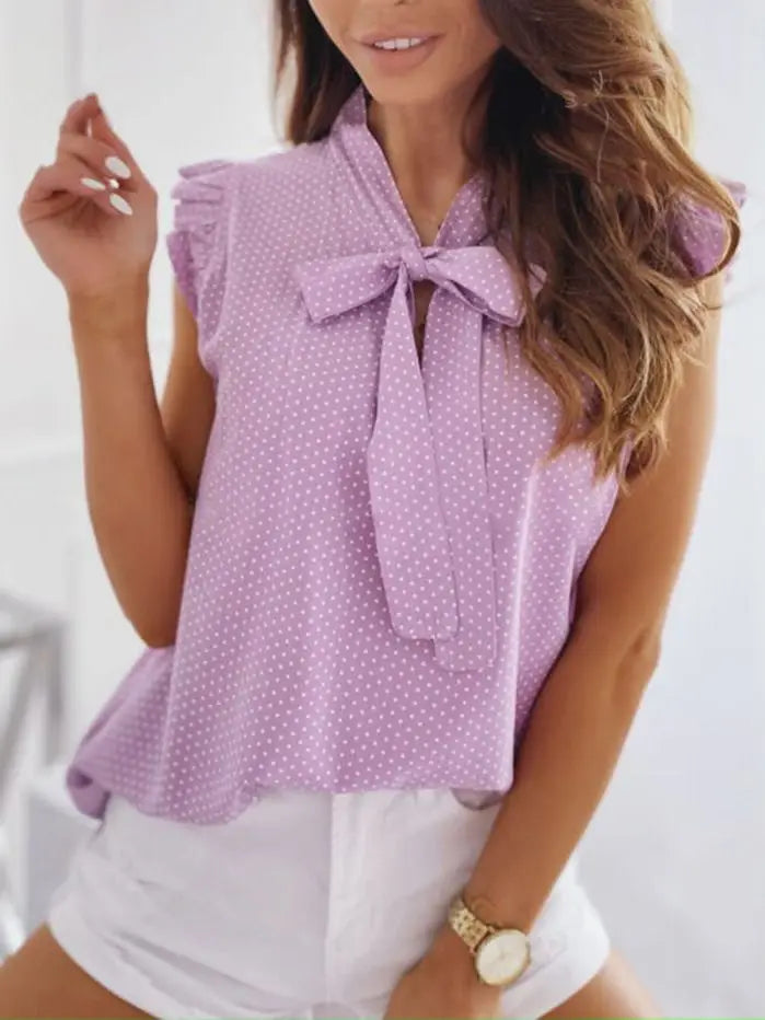 Mulheres verão elegante babados sem mangas polka pot rendas até gravata arco blusas e camisas casuais oversize topos sexy pulôver túnica