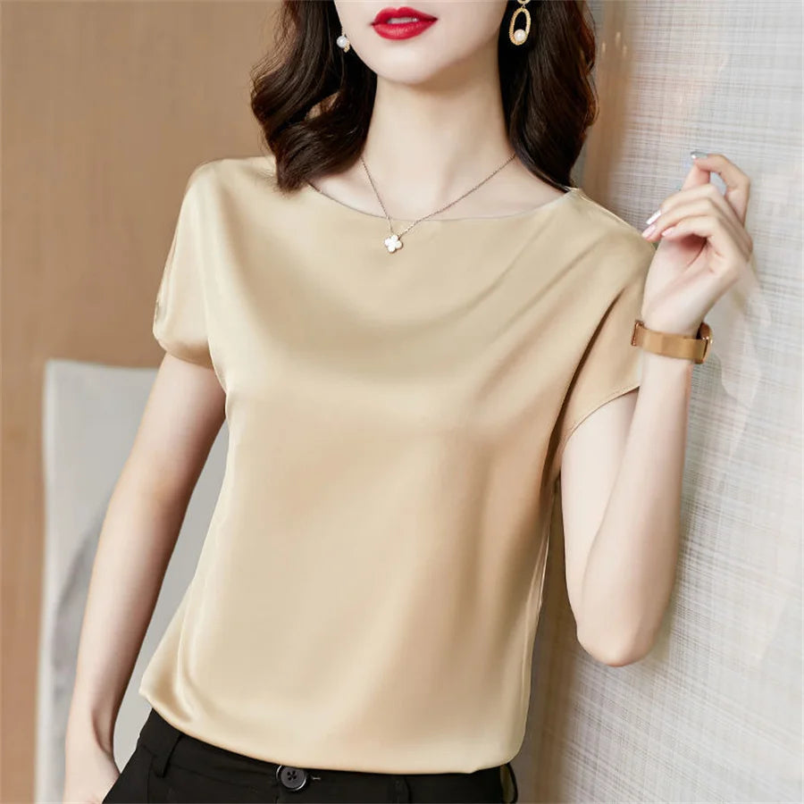 Blusa de Cetim Elegante com Manga Curta para o Verão