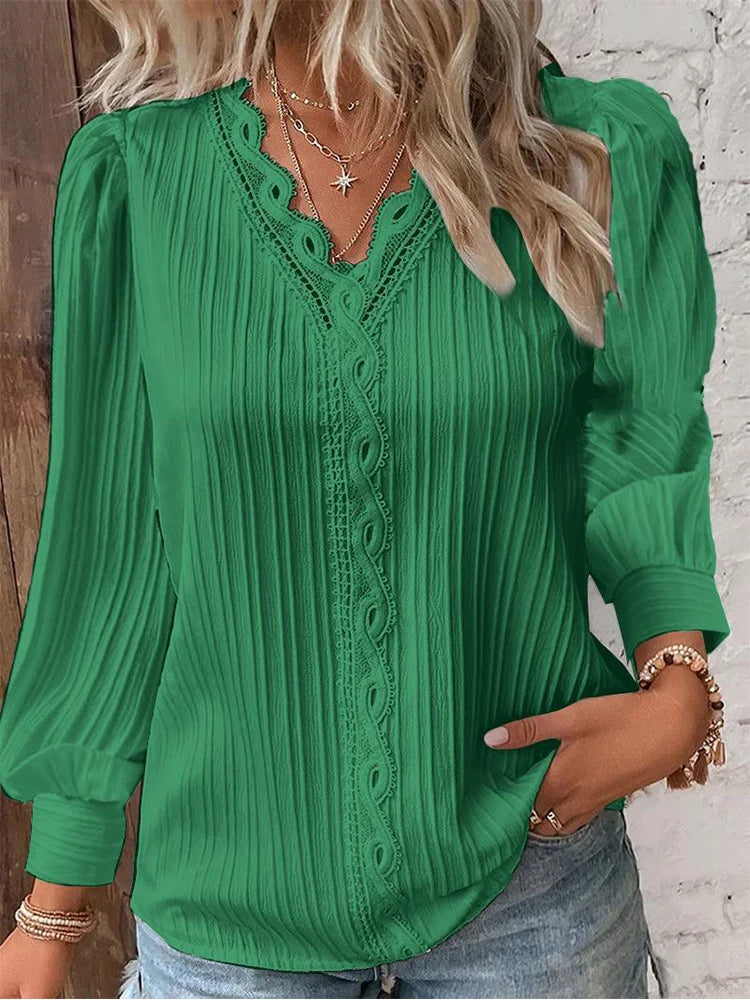 Camisa de costura de renda feminina costura solta com decote em v manga longa pulôver camisa de chiffon outono topo simples elegante blusa de rua