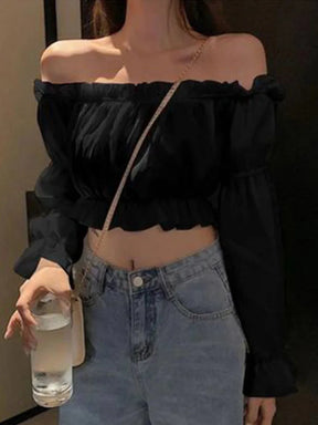 Top feminino sexy blusa fora do ombro manga longa cor sólida camisa branca manga bufante plissado túnica colheita topo verão tubo