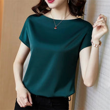 Senhora do escritório topos verão manga curta o-pescoço blusas blusa de cetim camisas femininas simples sólido casual camisa solta blusas df4904